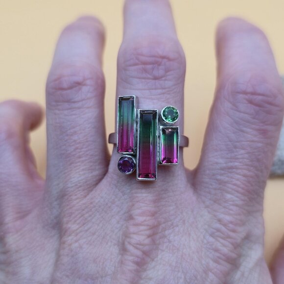 Size 10.75 Sterling Silver Watermelon Quartz Gems Band Ring A6023 - Picture 4 of 9